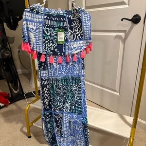 Lilly Pulitzer Blue and White Strapless Dress with Pink Accents